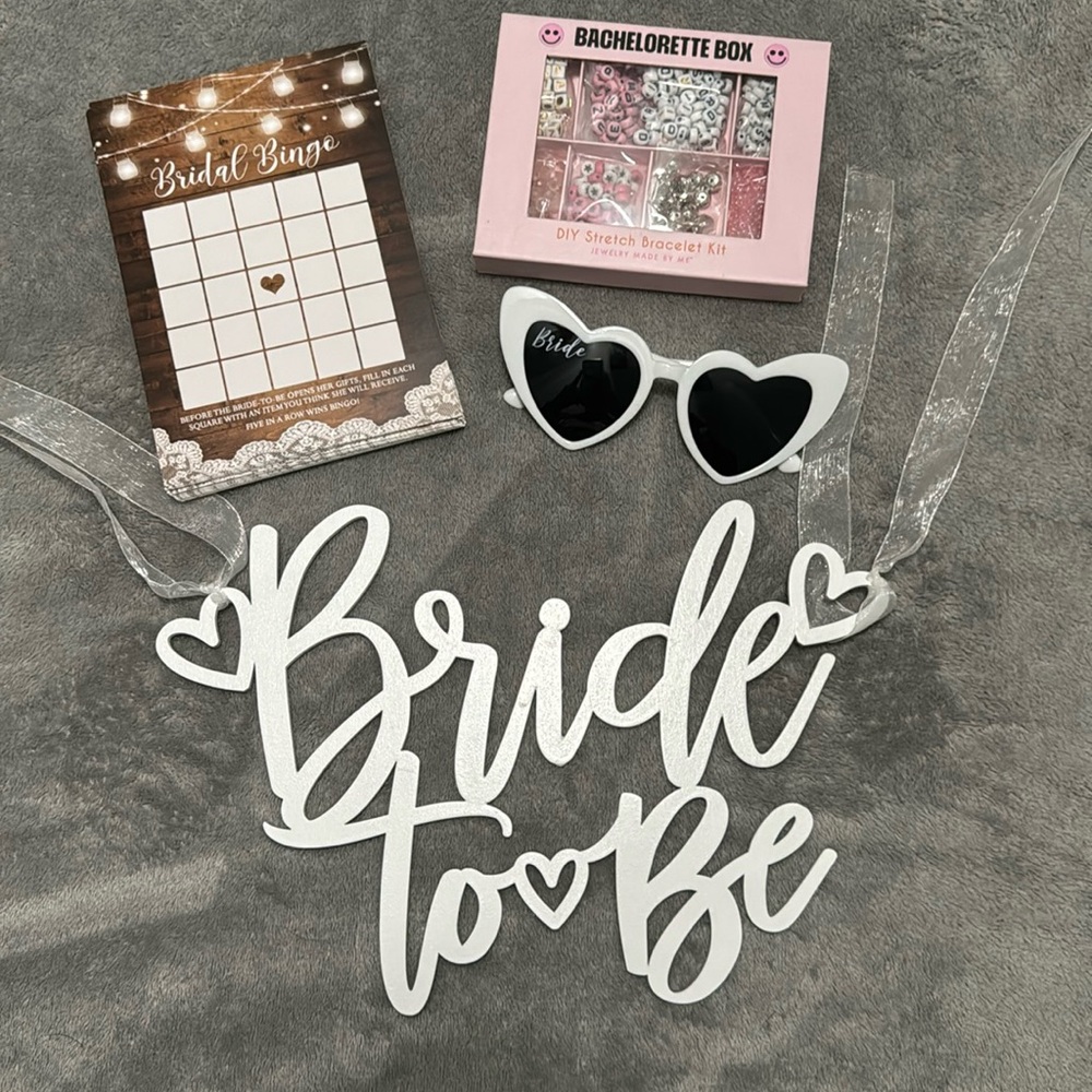 Bride to Be Bundle - glasses, bingo cards, bachelorette bracelets, sign